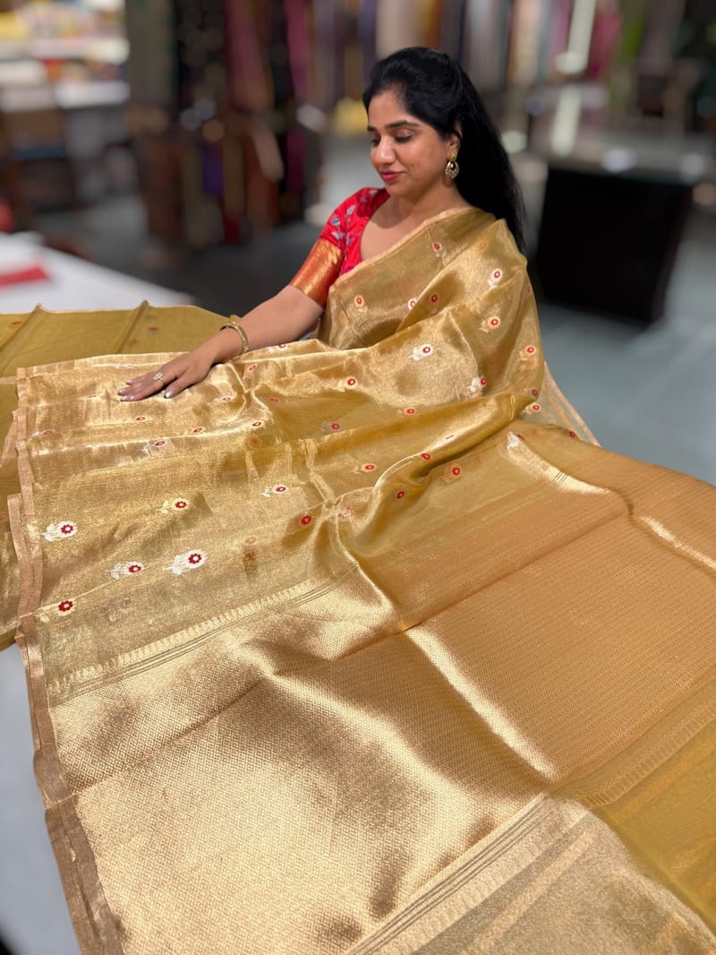 Light Gold Handloom Banarasi Tissue with meenakari sona rupa flower motifs