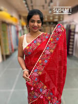Bright Red Pure Gajji Silk Rai bandhej Saree with petite point embroidery