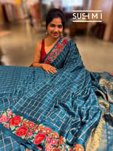 Peacock Blue Mysore Silk Saree with petitepoint embroidery S62111