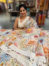 Ivory Organza 3D floral Printed Saree hemlined with crotia lace SS50306