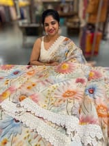 Ivory Organza 3D floral Printed Saree hemlined with crotia lace SS50306