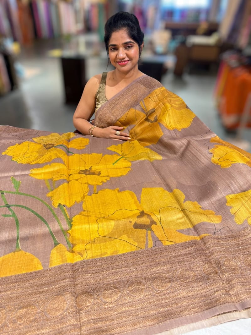 Light Brown Printed Banarasi Tussar Saree