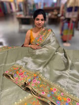 Light Olive Tissue Stripes Saree with petite point Embroidered tissue border and blouse SS50422