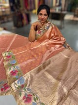 Coral Peach Kanchi Tissue Brocade Saree With jamdani inspired embroidery. SS50197
