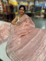 Pastel Pink Banarasi Tissue checks Saree with Sabyasachi Borders SS50433