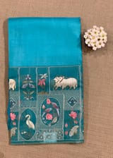 Copper Sulphate Blue Kora-Tussar blend Handloom Saree with Tissue embroidered Skirt Border