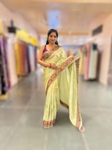 Mint Green Banarasi Brocade tissue saree with tonchui style weaving and parsi gara embroidered border SS5083
