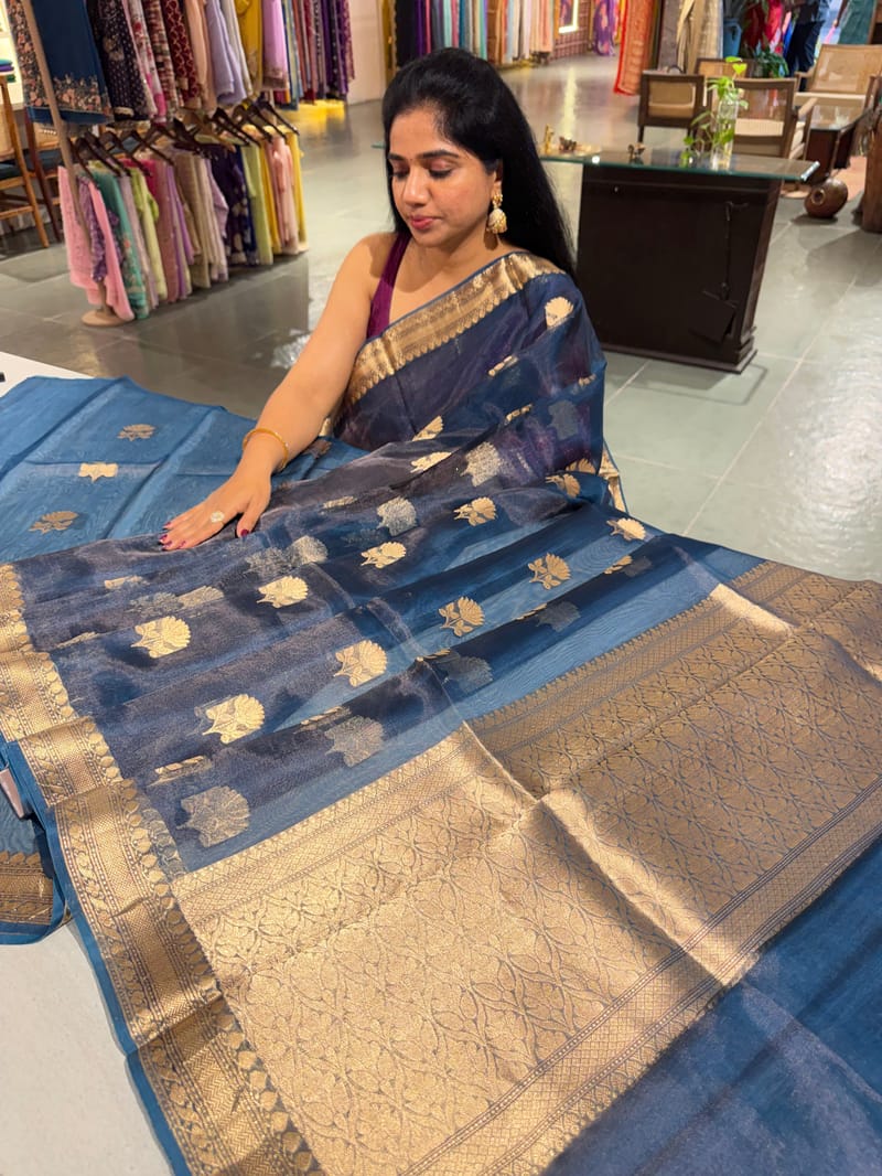 Peacock Blue Banarasi handloom tissue saree
