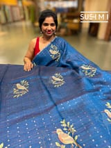 Indigo Blue muslin tissue stripes saree with bird emb
