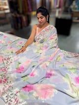 Lilac Printed georgette Saree With Tissue Embroidered Border SS5055