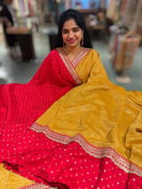 Yellow Pure Handloom Crush Tissue Saree with Bandhini Silk skirt borders & Sabhya borders