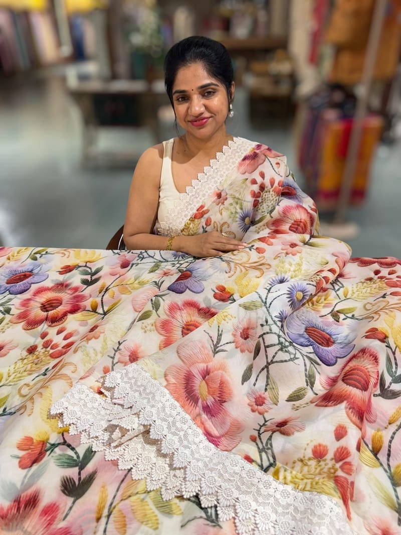 Ivory Organza 3D floral Printed Saree hemlined with crotia lace SS50304