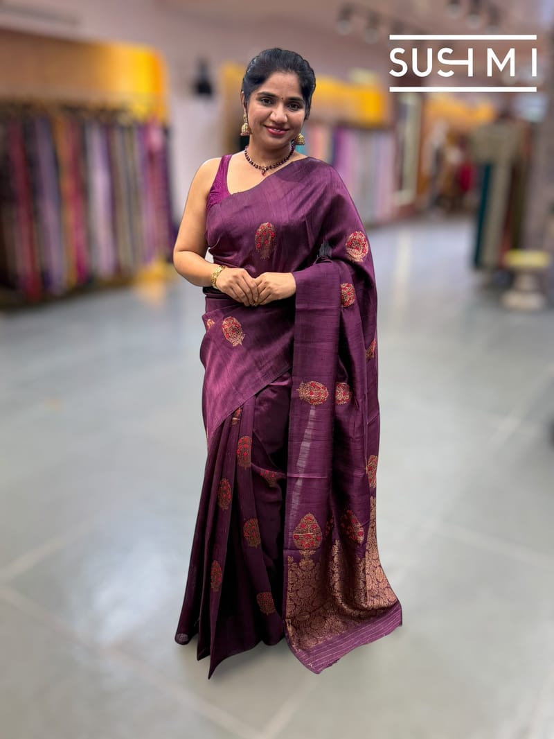 Wine Banarasi Handloom Dupion Rawsilk Saree : S62F099