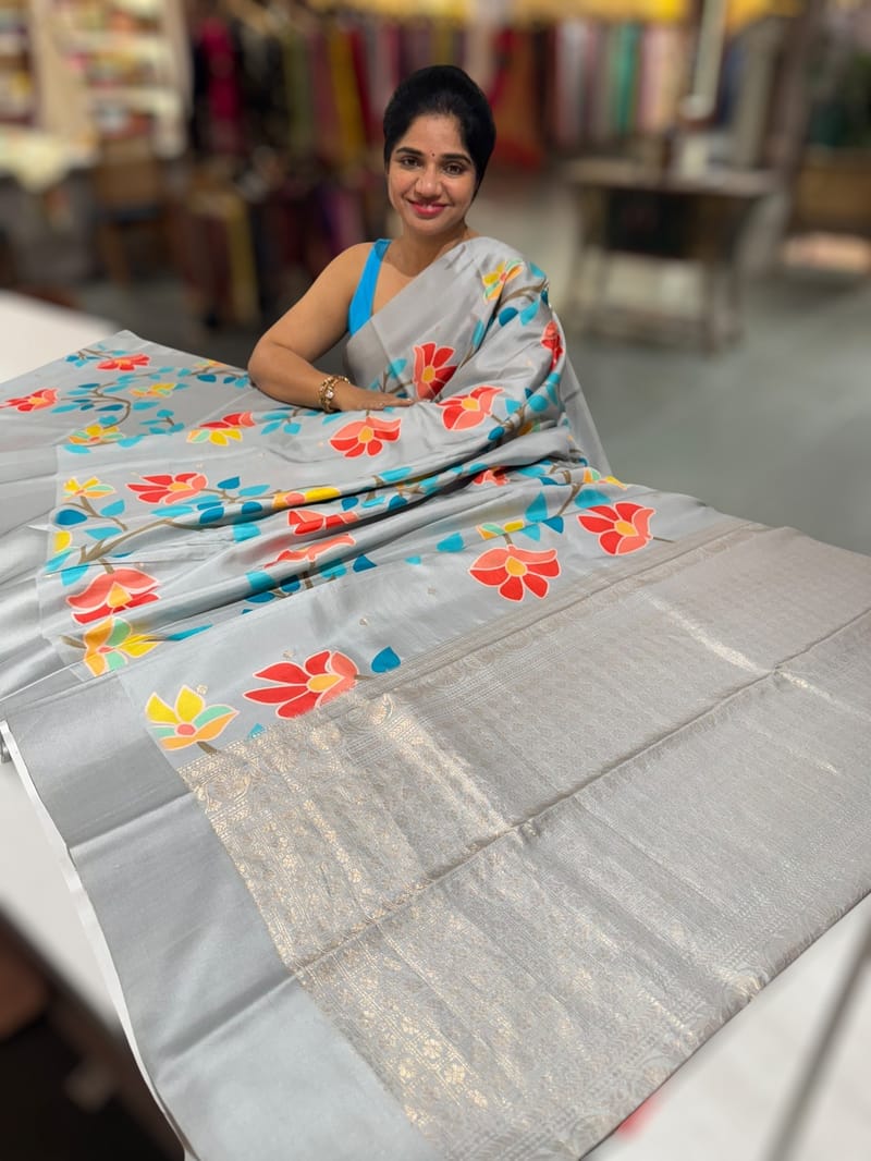 Light Grey Kanchi Soft Silk Saree with ajamdani inspired print SS50503