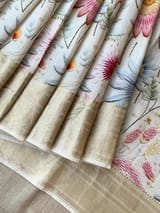 Ivory Pure Handloom Chiniya Silk Saree with stunning Floral Print and zari borders SS5099