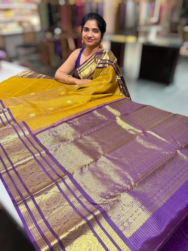 Mustard olive & Brinjal Combo Kanchipuram Vintage checks Saree SS50158