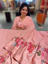 Peach Pink Designer Chinnon & Satin Fusion Saree