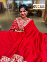 Bright Chilli Red Satin Saree with sabyasachi borders : D62F052