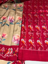 Chickoo & Red combo Printed ikkath Patola saree