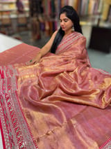 Dark Pink Tissue checks Saree with sabhyasachi borders