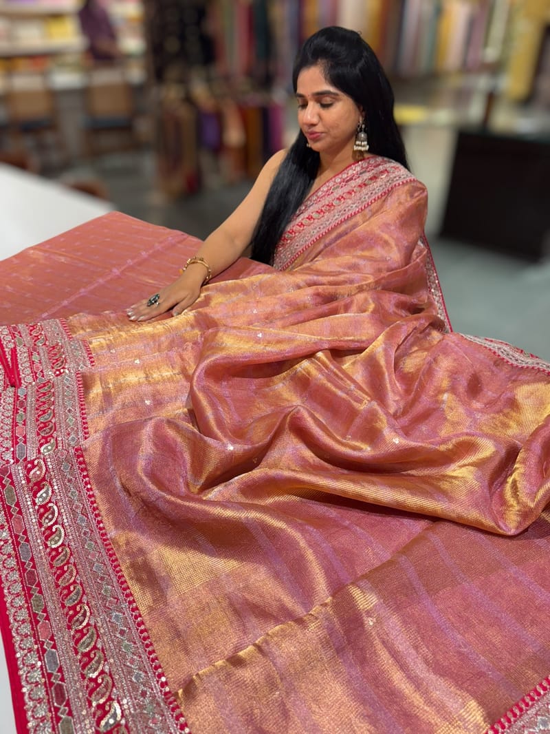 Dark Pink Tissue checks Saree with sabhyasachi borders
