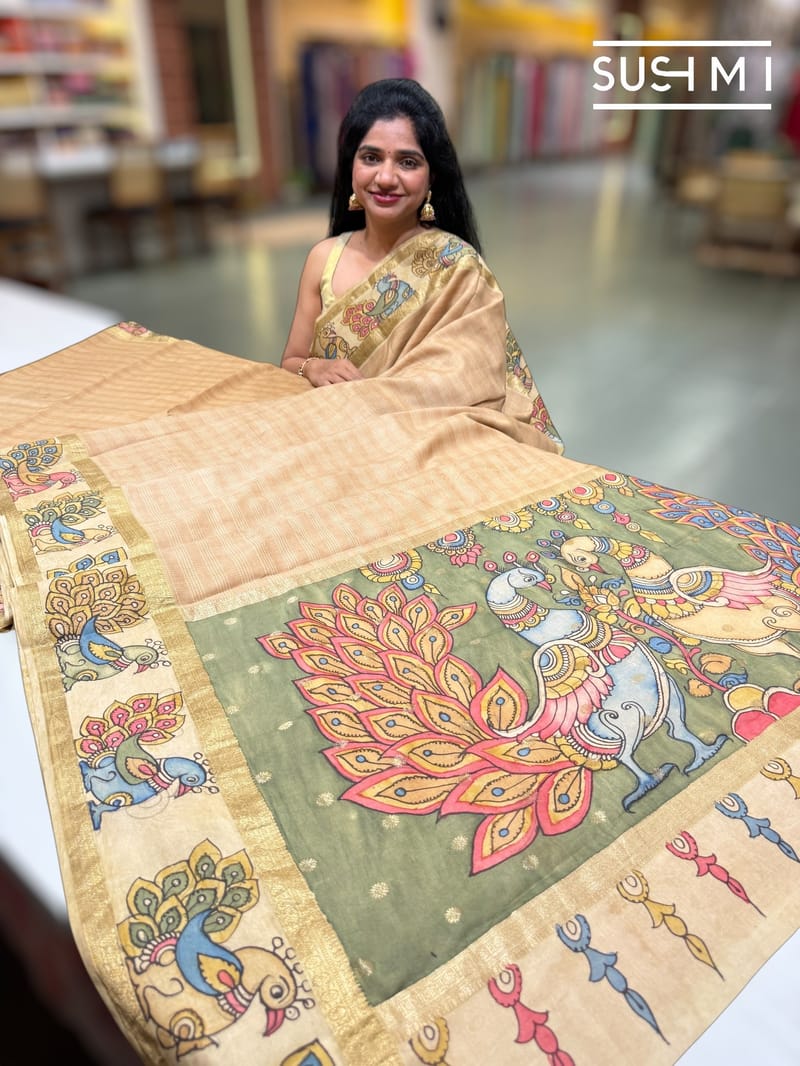 Champagne BeigeKanchi pen kalamkari fusion saree