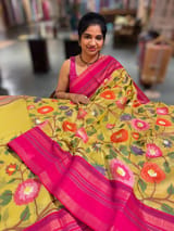 Lemon Yellow Tissue Gorgette Fusion Saree with vidarbha Borders