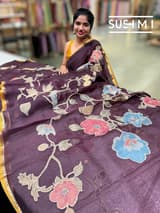 Winish Brown Designer Organza with Tissue applique work : S62F095