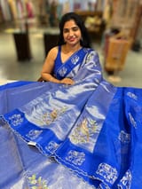 Electric Blue Premium Handloom Designer Tissue saree with exquisite embroidery