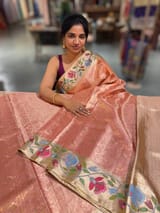 Coral Peach Kanchi Tissue Brocade Saree With jamdani inspired embroidery. SS50197