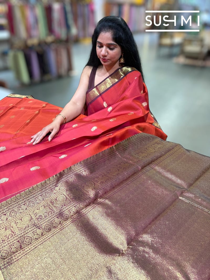 Rust Orange & Winish Brown Vintage Kanjeevaram Saree : S62F121