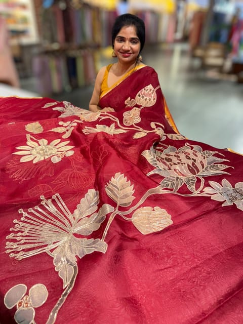 Maroon Designer Organza with Tissue Applique Work