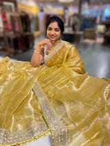 Lemon Yellow Banarasi Tissue checks Saree with Sabyasachi Borders