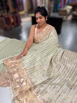 Mint Green Mul Tissue Stripes Saree With Tissue Cutwork  Border & Blouse