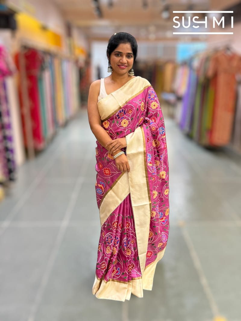 Rose Pink Pure tussar with patola inspired embroidery: S62F191