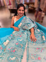 Copper Sulphate Blue Kora-Tussar blend Handloom Saree with Tissue embroidered Skirt Border