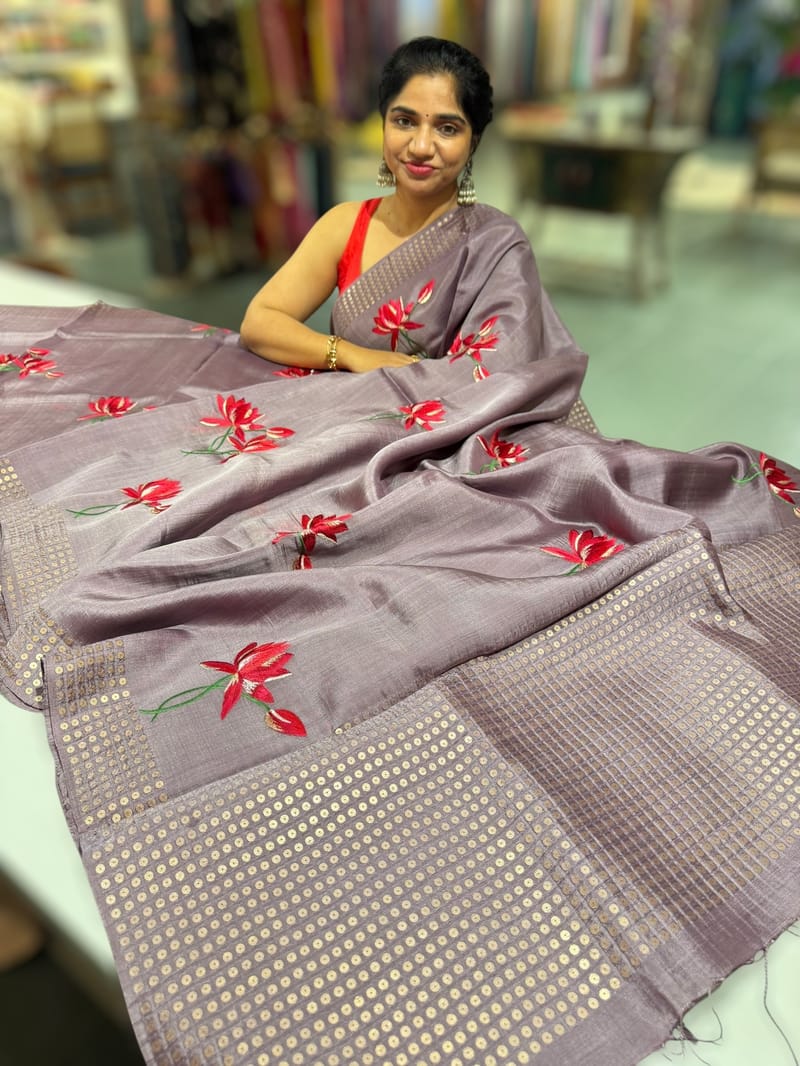 Mauve pure handloom tussar byloom saree with lotus embroidered bunch motifs SS50460