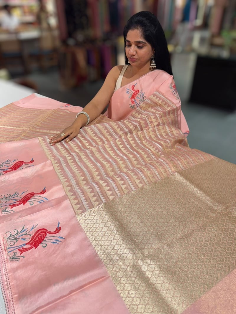 Peach Pink Banarasi Tissue saree with swan embroidery SS50403