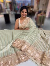 Mint Green Mul Tissue Stripes Saree With Tissue Cutwork  Border & Blouse