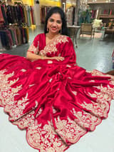 Red Pure Satin Saree with Heavy zardosi handwork