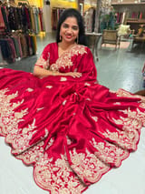 Red Pure Satin Saree with Heavy zardosi handwork