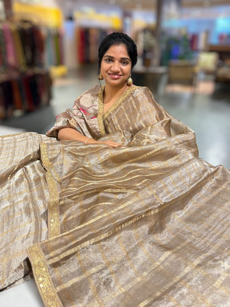 Antique Brown Banarasi Tissue checks Saree with Sabyasachi Borders SS50439