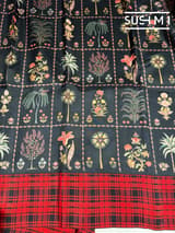 Black printed soft silk saree with burberry checks border : D62F035