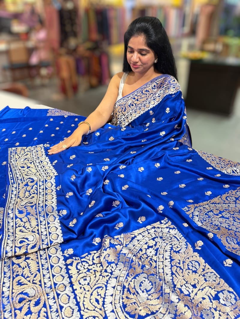 Electric Blue Pure Mashru Satin Saree with embroidery