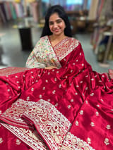 Maroon Red Pure Mashru Satin Saree with embroidery