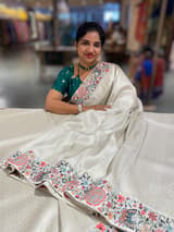 Half White Banarasi  brocade Silk Saree with Petite Point Embroidered Border. SS5086