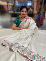 Half White Banarasi  brocade Silk Saree with Petite Point Embroidered Border. SS5086