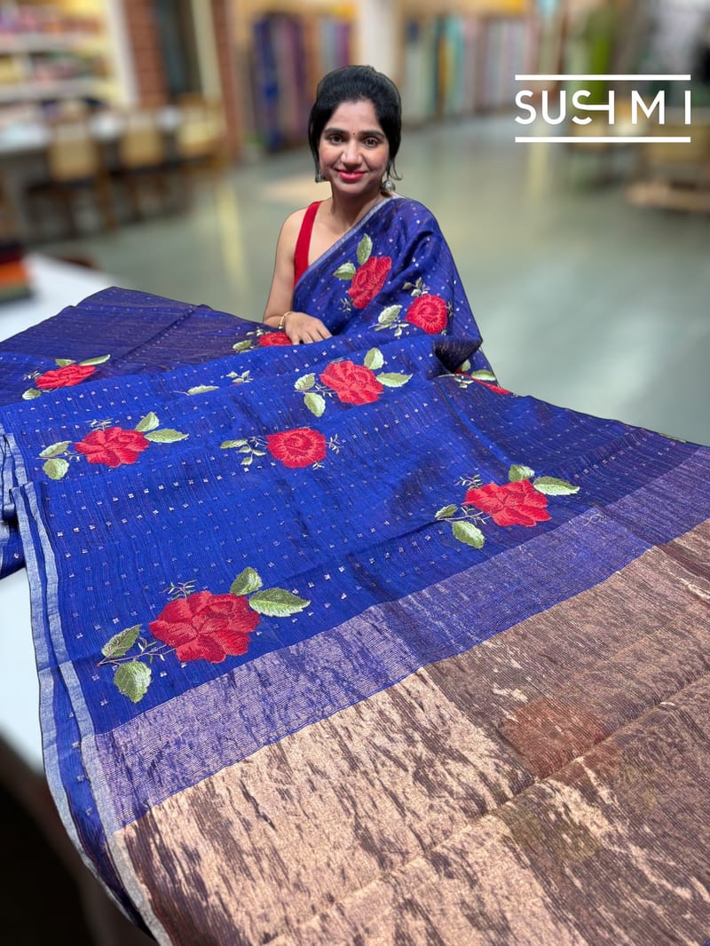 Purplish Blue muslin tissue stripes saree with hibuscus emb
