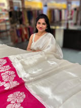 silver Banarasi Tissue saree with Pink organza applique work border SS50228
