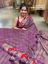 Wine Mysore silk with embroidered border S62F062